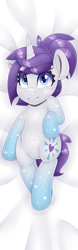 Size: 2125x6802 | Tagged: safe, alternate version, artist:partylikeanartist, oc, oc only, oc:indigo wire, pony, unicorn, blushing, body pillow, body pillow design, colored pupils, cute, dakimakura cover, dakimakura for christmas, female, from above, frown, gradient hooves, grumpy, looking at you, lying down, lying on bed, mare, ocbetes, on back, ponytail, shy, solo, wingding eyes