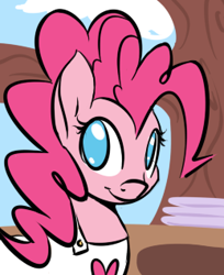 Size: 259x318 | Tagged: safe, artist:pippy, pinkie pie, earth pony, pony, apron, clothes, female, looking at you, mare, no pupils, pinkiepieskitchen, smiling, solo, tree