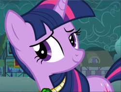 Size: 1240x940 | Tagged: safe, screencap, twilight sparkle, unicorn twilight, pony, unicorn, magic duel, amulet, confident, cropped, jewelry, looking at you, raised eyebrow, smuglight sparkle, solo