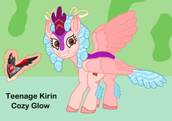 Size: 1832x1288 | Tagged: safe, artist:stargliderx, cozy glow, kirin, alicorn amulet, kirin-ified, magic, older, sketch, species swap, winged kirin, wings