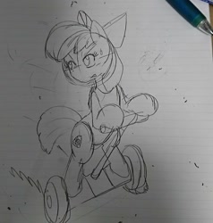 Size: 1080x1133 | Tagged: safe, artist:omegapony16, apple bloom, earth pony, pony, bipedal, bow, cutie mark, female, filly, hair bow, lined paper, looking back, pencil, photo, segway, solo, the cmc's cutie marks, traditional art