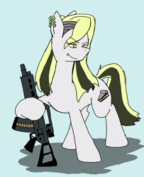 Size: 1661x2048 | Tagged: safe, artist:omegapony16, oc, oc only, oc:oriponi, earth pony, pony, assault rifle, blue background, ear piercing, earring, earth pony oc, female, g36k, grin, gun, headband, heckler and koch, jewelry, mare, piercing, rifle, simple background, smiling, weapon