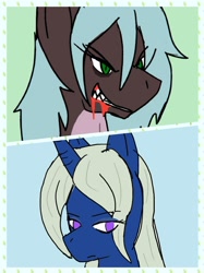 Size: 1440x1921 | Tagged: safe, artist:omegapony16, oc, oc only, oc:oriponi, dracony, dragon, hybrid, pony, unicorn, blood, bust, duo, eye clipping through hair, fangs, female, grin, horn, male, mare, smiling, stallion, unicorn oc