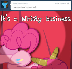 Size: 641x610 | Tagged: safe, artist:cloudshadezer0, pinkie pie, pony, ask, ask tickled pinkie, boomerang, pun, solo
