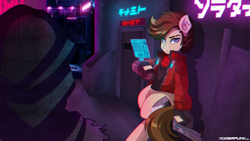 Size: 3840x2160 | Tagged: safe, artist:ciderpunk, oc, oc:paladin, pony, cyberpunk, hologram