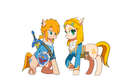Size: 3600x2400 | Tagged: safe, artist:qq961130277, earth pony, pony, belt, blouse, braid, clothes, crossover, cutie mark, duo, female, floppy ears, link, looking at you, male, mare, princess zelda, raised hoof, shield, simple background, sitting, stallion, sword, the legend of zelda, the legend of zelda: breath of the wild, tunic, video game crossover, weapon, white background