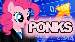 Size: 1280x720 | Tagged: safe, edit, pinkie pie, anthro, arrow, clothes, female, meme, open mouth, ponified meme, ponk, pony head on human body, smiling, solo, stonks, suit, text, wat