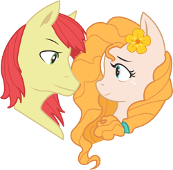 Size: 1280x1259 | Tagged: safe, artist:qq961130277, bright mac, pear butter, pony, brightbutter, bust, female, looking at each other, male, mare, missing accessory, profile, shipping, simple background, smiling, stallion, straight, transparent background