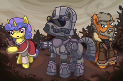 Size: 1610x1061 | Tagged: safe, artist:cazra, earth pony, pony, unicorn, fallout equestria, armor, junkyard, power armor, scrapyard, steel ranger, steel ranger elder, steel ranger paladin, steel ranger scribe, steel rangers