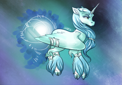 Size: 785x547 | Tagged: safe, artist:dollfins, oc, oc only, alicorn, pony, abstract background, alicorn oc, cloven hooves, female, glow, hoof fluff, mare, solo