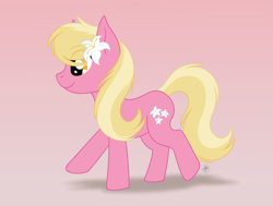 Size: 1380x1045 | Tagged: safe, artist:starshade, lily, lily valley, earth pony, pony, cute, female, flower, flower in hair, full body, gradient background, mare, running, smiling, solo