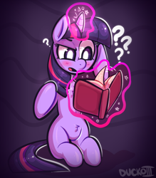 Size: 712x811 | Tagged: safe, artist:duckoiii, pony, abstract background, anatomically incorrect, book, confused, incorrect leg anatomy, levitation, magic, telekinesis