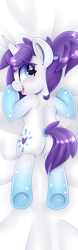 Size: 2125x6802 | Tagged: safe, alternate version, artist:partylikeanartist, oc, oc only, oc:indigo wire, pony, unicorn, back, blushing, body pillow, body pillow design, butt, cheeky, colored pupils, cute, dakimakura cover, dakimakura for christmas, dat butt, female, from above, from behind, gradient hooves, looking at you, looking back, looking back at you, looking over shoulder, lying down, lying on bed, mare, meme, ocbetes, on stomach, on tummy, plot, ponytail, shy, solo, wingding eyes