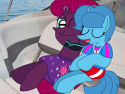 Size: 1440x1080 | Tagged: safe, artist:徐詩珮, fizzlepop berrytwist, spring rain, tempest shadow, pony, unicorn, series:sprglitemplight diary, series:sprglitemplight life jacket days, series:springshadowdrops diary, series:springshadowdrops life jacket days, alternate universe, broken horn, clothes, cute, female, horn, lesbian, lifeguard, lifeguard spring rain, shipping, sleeping, springbetes, springshadow, swimsuit, tempestbetes