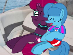 Size: 1440x1080 | Tagged: safe, artist:徐詩珮, fizzlepop berrytwist, spring rain, tempest shadow, pony, unicorn, series:sprglitemplight diary, series:sprglitemplight life jacket days, series:springshadowdrops diary, series:springshadowdrops life jacket days, alternate universe, broken horn, clothes, cute, female, horn, lesbian, lifeguard, lifeguard spring rain, shipping, sleeping, springbetes, springshadow, swimsuit, tempestbetes