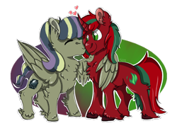 Size: 2000x1500 | Tagged: safe, artist:euspuche, oc, oc only, oc:ambrosia, oc:ambrosia firehoof, oc:frozen night, pegasus, unicorn, commission, cuddling, fluffy, kissing, simple background, transparent background