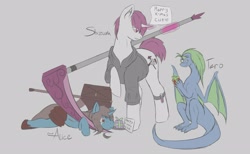 Size: 2560x1573 | Tagged: safe, artist:kelniferion, oc, dragon, pony, unicorn, horn, magic, present, scythe, vial, wings