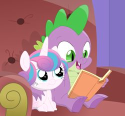 Size: 3414x3166 | Tagged: safe, artist:porygon2z, princess flurry heart, spike, alicorn, dragon, pony, baby, baby dragon, baby pony, book, chair, cute, daaaaaaaaaaaw, featured on derpibooru, female, filly, flurrybetes, foal, folded wings, hnnng, long arm, male, niece, open book, open mouth, sitting, smiling, sofa, spikabetes, storyteller, storytelling, sweet dreams fuel, touching, uncle and niece, uncle spike, weapons-grade cute, wholesome, wings