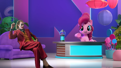 Size: 1920x1080 | Tagged: safe, edit, edited screencap, screencap, pinkie pie, earth pony, human, pony, hello pinkie pie, female, joaquin phoenix, joker (2019), mad skilz, male, mare, meme, sitting, the joker, this will end in death, this will not end well