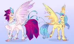 Size: 5000x3000 | Tagged: safe, artist:bunnari, princess skystar, queen novo, hippogriff, my little pony: the movie, duo, female, jewelry, mother and child, mother and daughter, parent and child, regalia, signature, simple background, smiling, spread wings, wings