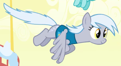 Size: 1368x746 | Tagged: safe, screencap, frosty dew, pegasus, pony, winter wrap up, background pony, cropped, female, flying, mare, smiling, solo focus, weather team, winter wrap up vest