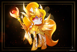 Size: 1680x1130 | Tagged: safe, artist:zidanemina, oc, oc:equalis, pony, anime, armor, crossover, female, gold armor, mare, ophiuchus, red eyes, saint seiya, scepter, smiling, solo