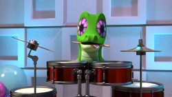 Size: 1920x1080 | Tagged: safe, screencap, gummy, hello pinkie pie, 3d, cgi, drums, drumsticks, mouth hold, musical instrument, official, tongue out, uncanny valley, youtube link