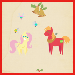 Size: 2000x2000 | Tagged: safe, anonymous artist, big macintosh, fluttershy, parasprite, pegasus, pony, series:12 days of hearth's warming, series:fm holidays, 12 days of christmas, bell, big macintosh is not amused, border, christmas, female, fluttermac, hearth's warming, holiday, holly, male, nervous, nervous grin, pointy ponies, shipping, straight, sweat, sweatdrop, texture