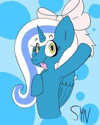 Size: 1600x2000 | Tagged: safe, artist:sketchsynergy, oc, oc:fleurbelle, alicorn, pony, :p, alicorn oc, armpits, bow, cute, female, golden eyes, hair bow, happy, hooves, long hair, long mane, mare, ribbon, silly, sweet, tongue out