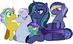 Size: 1802x1087 | Tagged: safe, artist:kindheart525, artist:peep-dis, oc, oc:cobalt, oc:firefly, oc:lemon quartz, oc:lightning bug, oc:turquoise edge, alicorn, changepony, earth pony, hybrid, pegasus, pony, unicorn, alicorn oc, female, interspecies offspring, kindverse, lesbian, magical lesbian spawn, offspring, offspring shipping, offspring's offspring, parent:limestone pie, parent:oc:firefly, parent:oc:turquoise blitz, parent:princess luna, parent:queen chrysalis, parent:zephyr breeze, parents:chrysaluna, parents:oc x oc, parents:zephyrstone