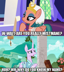 Size: 1280x1440 | Tagged: safe, edit, edited screencap, screencap, mistmane, somnambula, pegasus, pony, unicorn, campfire tales, shadow play, caption, dialogue, female, image macro, meme, text