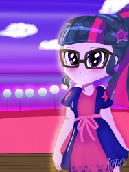 Size: 1800x2400 | Tagged: safe, artist:artmlpk, sci-twi, twilight sparkle, better together, equestria girls, spring breakdown, blushing, clothes, cloud, cute, dress, geode of telekinesis, light, looking at you, magical geodes, outfit, photo, solo