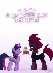 Size: 2978x4096 | Tagged: safe, artist:ringteam, tempest shadow, twilight sparkle, twilight sparkle (alicorn), alicorn, my little pony: the movie, broken horn, cake, eyes closed, food, horn