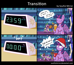 Size: 3340x2940 | Tagged: safe, alternate version, artist:soulfulmirror, spike, twilight sparkle, twilight sparkle (alicorn), alicorn, dragon, pony, alarm clock, candy, christmas, clock, cup, female, food, gramophone, halloween, hat, holiday, marshmallow, music notes, onomatopoeia, pumpkin, pumpkin spice, santa hat, singing, snow, snowfall, this will end in diabetes, twilight's castle, wide eyes, winged spike