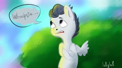 Size: 2560x1440 | Tagged: safe, artist:labglab, rumble, pegasus, pony, marks and recreation, colt, male, solo, speech bubble, text