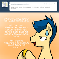 Size: 512x512 | Tagged: safe, artist:shadowkixx, oc, oc:sunray smiles, earth pony, pony, ask, ask sunray smiles, food, lemon, male, solo, stallion, sweat, sweatdrop, tumblr