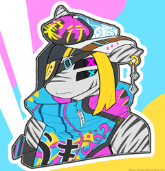 Size: 1920x2000 | Tagged: safe, artist:mopyr, oc, oc only, anthro, zebra, black sclera, bust, cap, clothes, ear piercing, earring, eyepatch, four eyes, hat, jacket, japanese, jewelry, outfit, piercing, portrait, solo