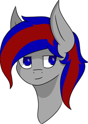 Size: 3736x5242 | Tagged: safe, artist:skylarpalette, oc, oc only, oc:blitz, pegasus, pony, blue and red, bust, cel shading, digital art, full color, gray coat, long mane, male, pegasus oc, shading, simple background, smiling, smirk, stallion, white background