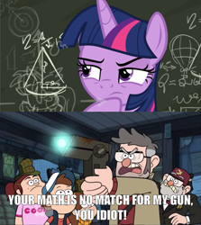 Size: 1663x1865 | Tagged: safe, edit, edited screencap, screencap, twilight sparkle, twilight sparkle (alicorn), alicorn, pony, sparkle's seven, caption, chalkboard, comic, dipper pines, dungeons dungeons and more dungeons, fancy mathematics, female, ford pines, glow, gravity falls, grenda, grunkle stan, gun, image macro, impact font, mabel pines, mare, math, meme, raised eyebrow, raised hoof, screencap comic, text, thinking, weapon, written equestrian
