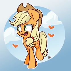 Size: 1500x1500 | Tagged: safe, artist:lou, applejack, earth pony, pony, abstract background, cloud, cute, female, heart, jackabetes, mare, open mouth, sky, solo