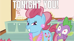 Size: 1225x672 | Tagged: artist needed, safe, edit, edited screencap, editor:undeadponysoldier, screencap, cup cake, spike, dragon, earth pony, pony, lesson zero, bedroom eyes, caption, female, heart eyes, image macro, in love, infidelity, male, mare, meme, shipping, smiling, spatula, spikecake, straight, text, tonight you, wingding eyes