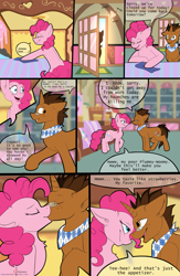 Size: 975x1500 | Tagged: safe, artist:kianara, pinkie pie, oc, oc:copper plume, earth pony, pony, unicorn, comic:the copperpie chronicles, comic:the copperpie chronicles - after hours, bedroom eyes, canon x oc, comic, commission, commissioner:imperfectxiii, copperpie, female, imminent sex, kissing, looking at each other, male, shipping, straight