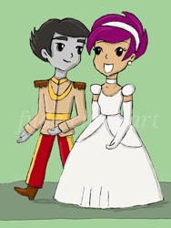 Size: 774x1032 | Tagged: safe, artist:fude-chan-art, rumble, scootaloo, equestria girls, alternate hairstyle, clothes, dress, equestria girls-ified, female, male, rumbloo, shipping, smiling, straight, tomboy taming, wedding dress