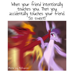 Size: 1067x1098 | Tagged: safe, edit, edited screencap, editor:melisareb, screencap, garble, prominence, dragon, gauntlet of fire, caption, dragoness, female, garbinence, grammar error, image macro, male, meme, radial blur, shipping, straight, text, touching