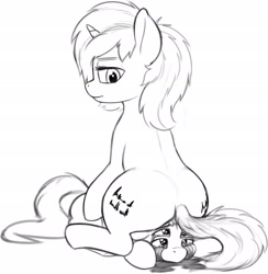 Size: 2119x2170 | Tagged: safe, artist:zippysqrl, oc, oc:four eyes, oc:sign, pony, crying, duo, female, four eyes, grayscale, lying down, monochrome, prone, sad, sitting on, sitting on head, sitting on pony, sketch