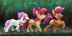 Size: 5950x3000 | Tagged: safe, artist:xbi, apple bloom, scootaloo, sweetie belle, earth pony, pegasus, pony, unicorn, cutie mark crusaders, dappled sunlight, everfree forest, female, filly, forest, grin, looking back, nervous, nervous grin, smiling, trio, walking