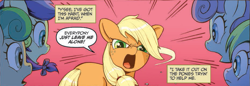 Size: 927x318 | Tagged: safe, artist:caseycoller, idw, apple bumpkin, applejack, gala appleby, lavender fritter, red gala, earth pony, pony, spoiler:comic, spoiler:comic85, angry, apple family member, female, filly, filly applejack, foal, official comic, open mouth, red background, simple background, speech bubble, younger