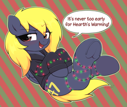 Size: 2570x2173 | Tagged: safe, artist:moozua, oc, oc:naveen numbers, pegasus, pony, bedroom eyes, blushing, christmas, christmas lights, clothes, commission, dialogue, female, frog (hoof), holiday, hoodie, looking at you, mare, smiling, solo, striped background, underhoof