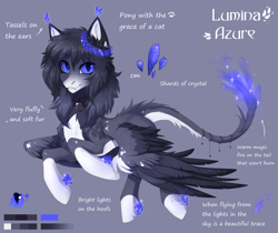 Size: 2208x1854 | Tagged: safe, artist:magicbalance, oc, oc only, oc:lumina azure, hybrid, pegasus, pony, sphinx, bow, collar, cute, fangs, female, fire, fire magic, firetail, jingle bells, looking at you, reference, reference sheet, shiny, solo, spread wings, tassels, text, wings, wreath
