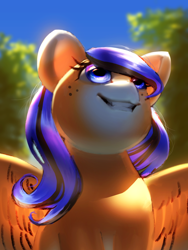 Size: 2256x3000 | Tagged: safe, artist:klooda, oc, pegasus, pony, detailed, detailed background, female, happy, mare, smiling, solo, summer, sun, tree, wings